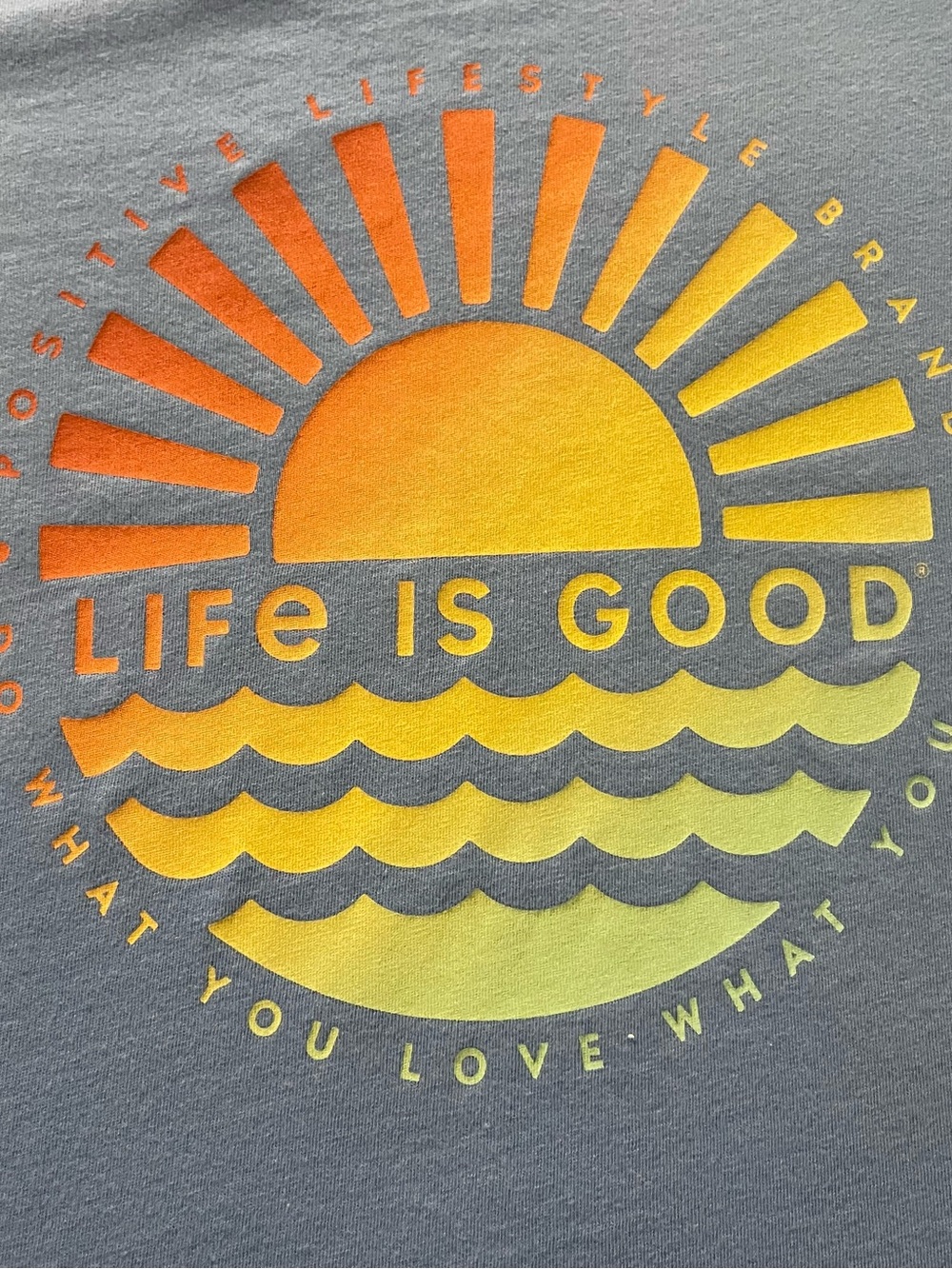 Life Is Good Crusher Lite Orange and Yellow Sunrise Over Water Graphic Tee WM